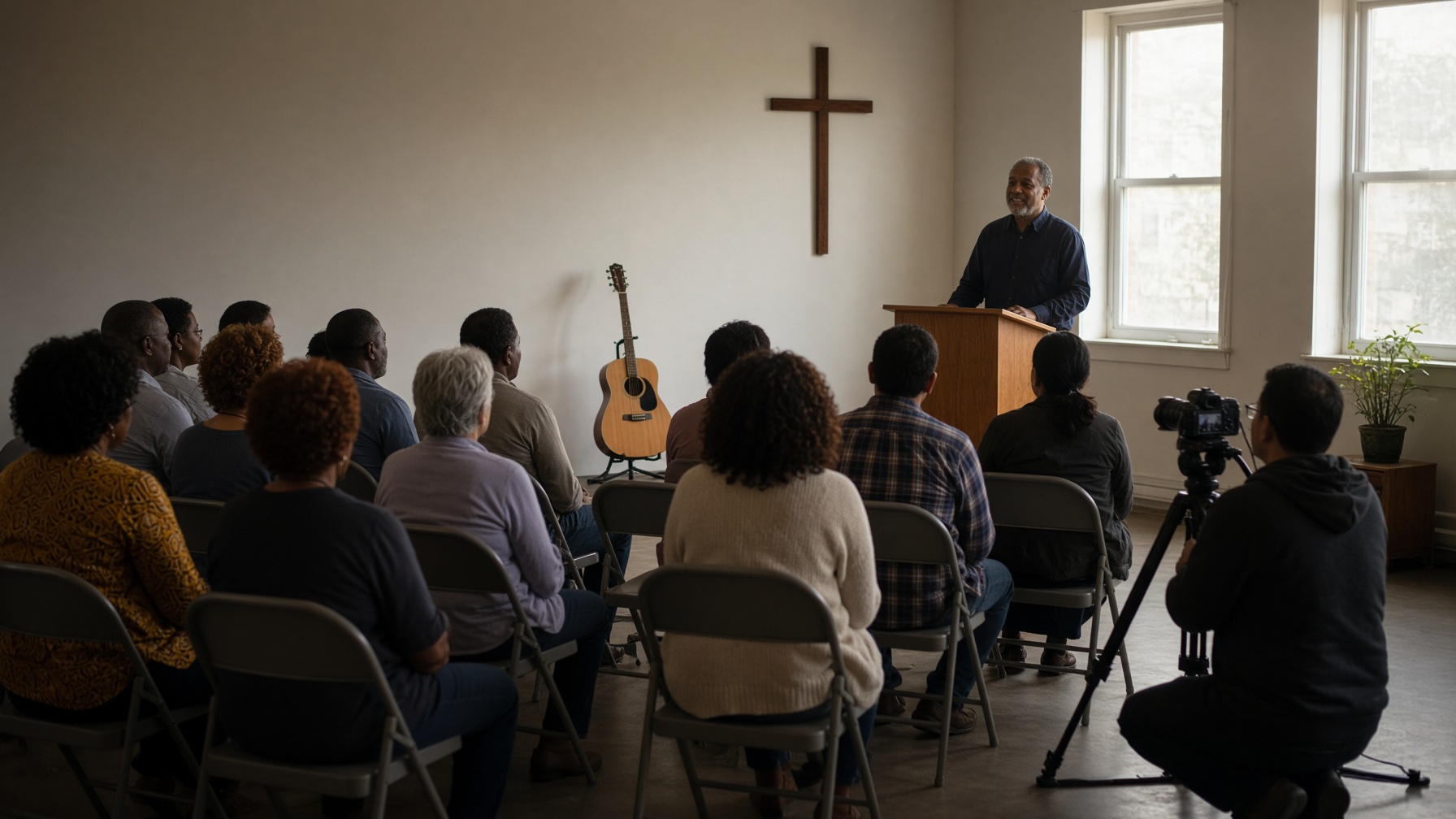 A small congregation gathered in a simple room while a volunteer films the service.