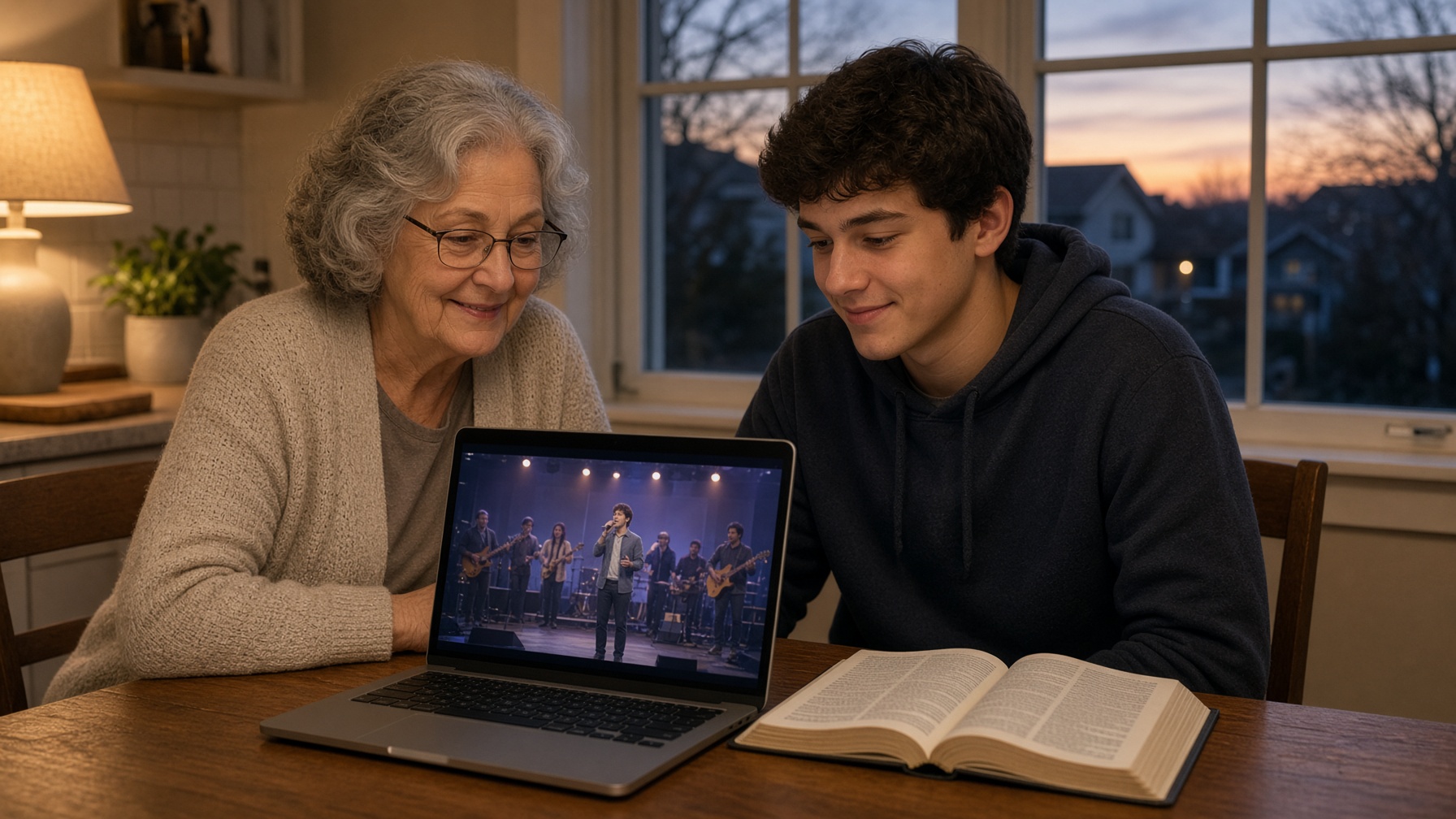 A woman and a boy at home watching a church service on a laptop beside an open Bible.