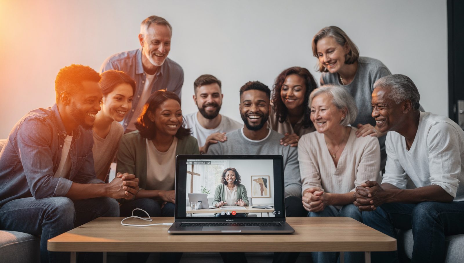 A group gathered around a laptop video call