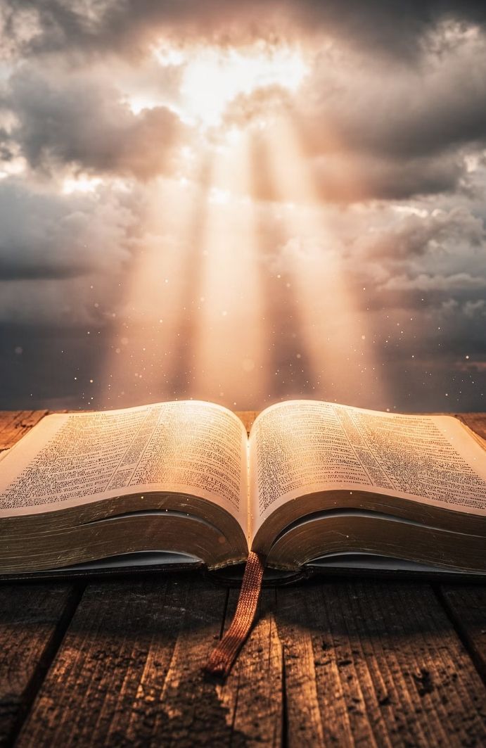 Open Bible with light breaking through clouds